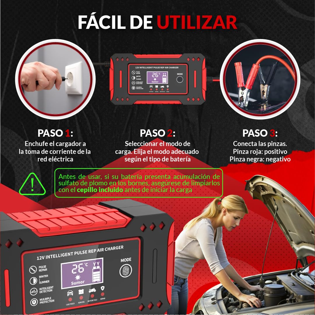 SweetSolutions© Cargador Baterias Coche 12V6A | Cargador De Batería Coche con Función Inteligente | Reparación Automática | Pantalla LCD | Automóviles Moto Camión AGM Gel SLA
