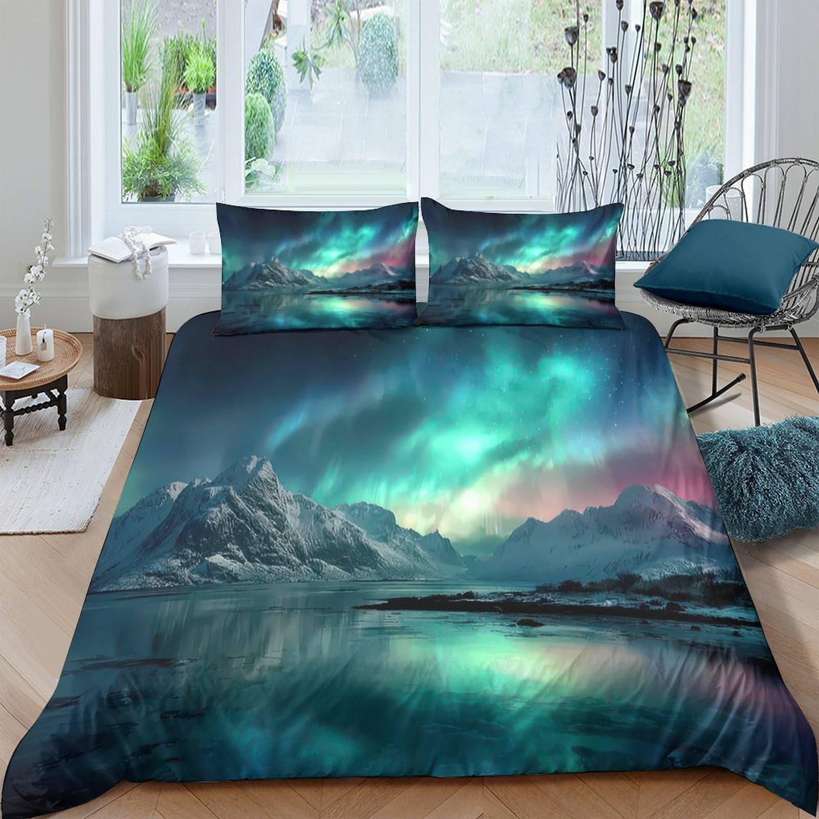 Ctjqhvkz Style-8 3D Printed Aurora Mountain Fitted Sheet Microfiber Soft Breathable Northern Lights Bed Cover For Bedroom Dorm Decor Single（135X200cm）