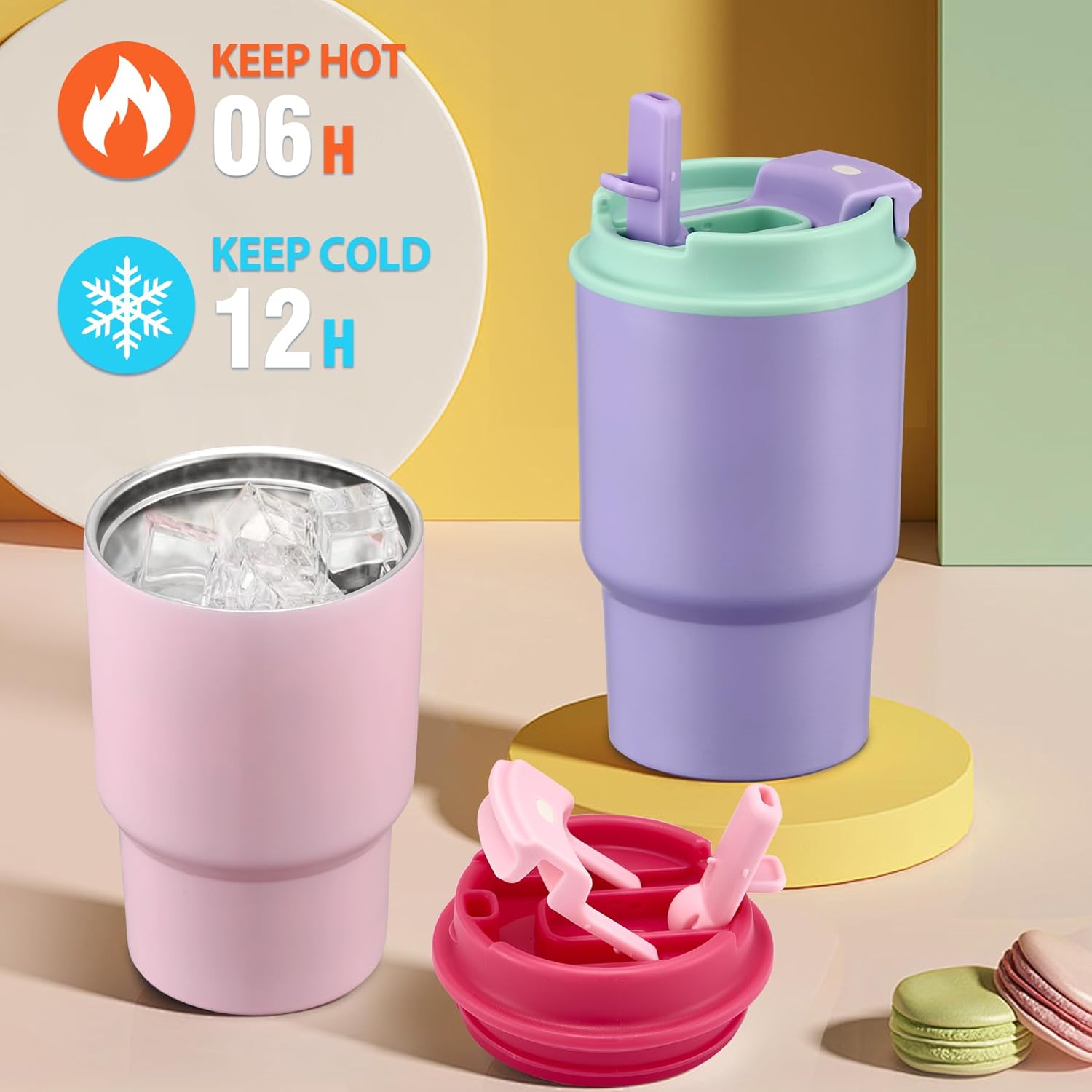 13.5oz Kids Insulated Tumbler with Lid and Straw, BPA-Free Stainless Steel Kids Water Bottle, Leak-Proof& Cupholder Friendly Tumbler for Boys & Girls -2 Pack(Pink+Purple) - Image 4