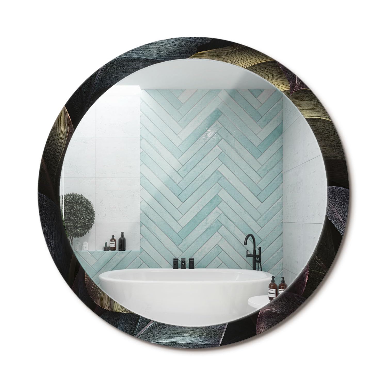 Miroir rond décoration murale design feuilles tropicales