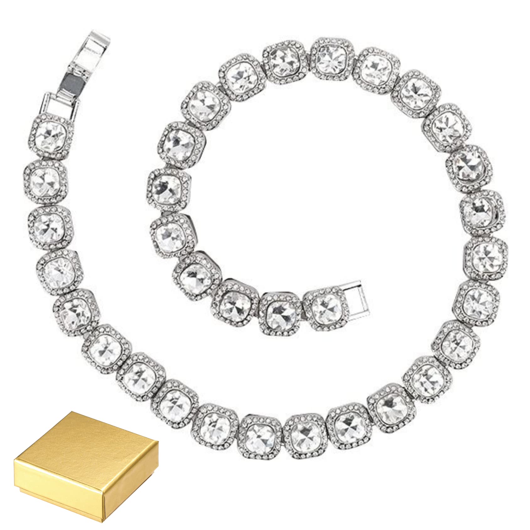 HALUKAKAH Diamante Catena Tennis Raggruppati per Uomo,Oro Reale 18k /Oro Rosa/Placcato in Platino Diamante Quadrato Oro Braccialetto/Collana,Diamanti da Laboratorio,con Confezione Regalo Gratuita