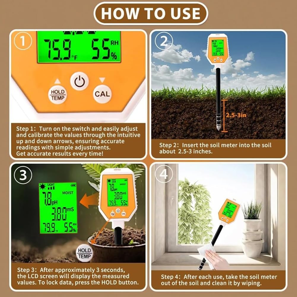 Medidor de suelo for plantas, medidor digital de humedad del suelo con medidor de pH/CE/luz/temperatura/humedad del aire, medidor de pH de conductividad del suelo de alta precisión for plantas