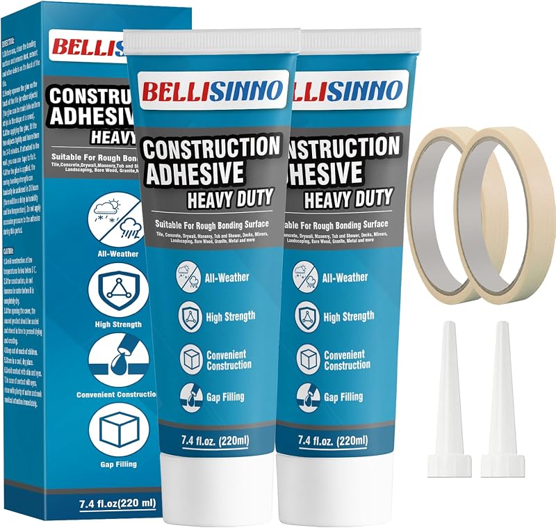 Construction Adhesive Heavy Duty, Cement Glue for Concrete, Floor, Wall, Stone, Wood and More, 14.8 Ounce Tile Squeeze Tube, Suitable for Rough Bonding Surface (220ml*2)