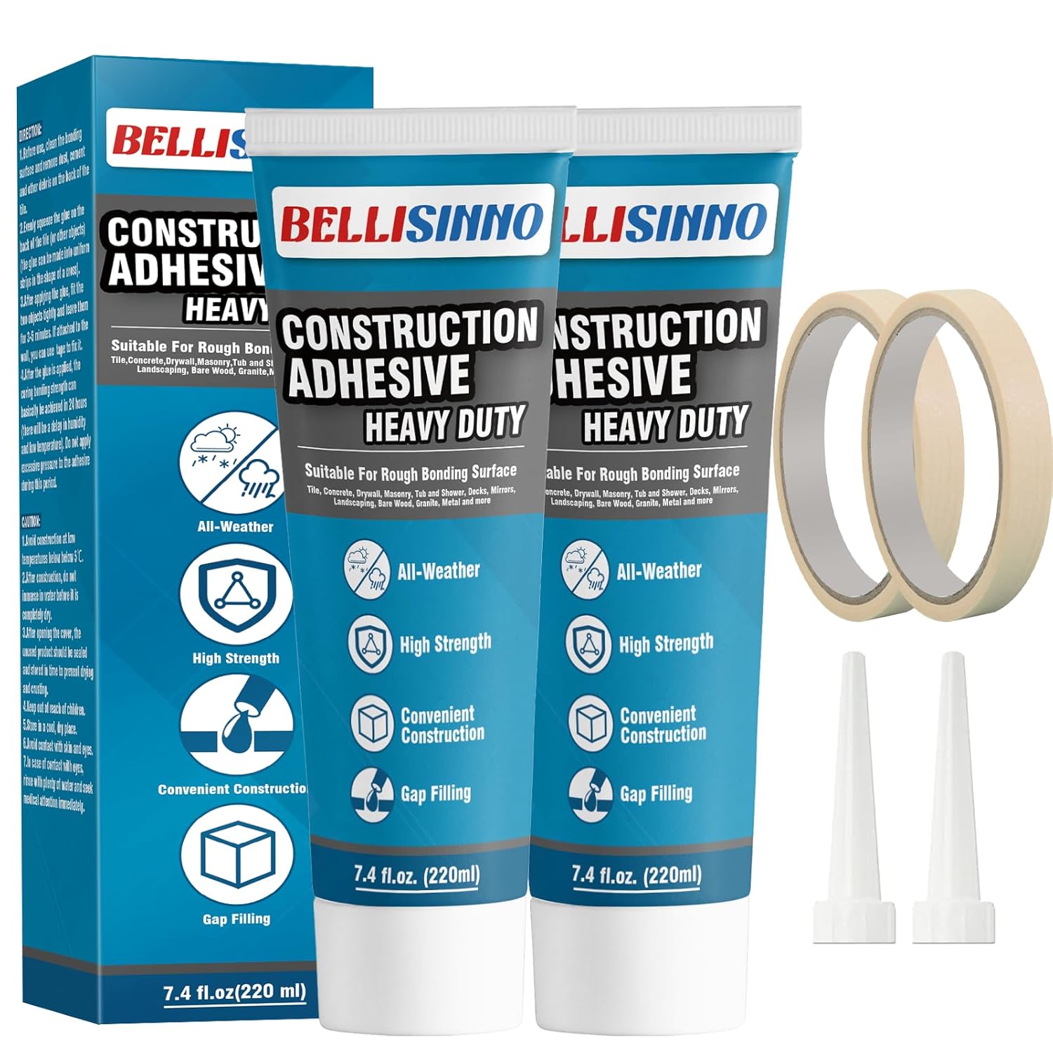 Construction Adhesive Heavy Duty, Cement Glue for Concrete, Floor, Wall, Stone, Wood and More, 14.8 Ounce Tile Squeeze Tube, Suitable for Rough Bonding Surface (220ml*2)