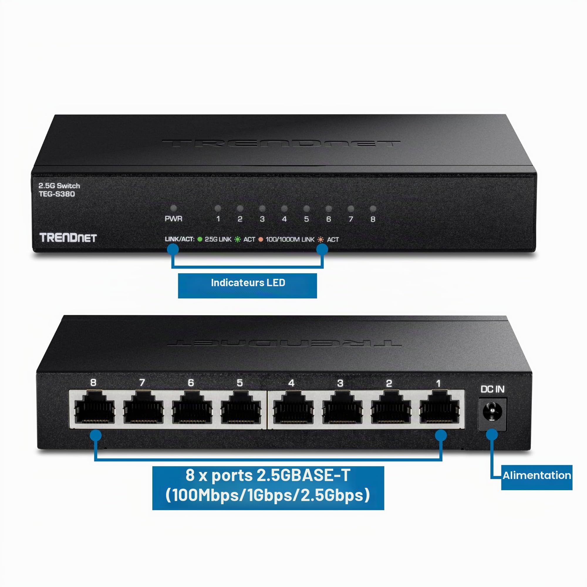 TRENDnet, TEG-S380, Commutateur de Jeu Non géré Multi-gigabit 8 Ports 2,5 Gbit/s, 8 Ports 2,5 GBASE-T, répartiteur Ethernet, Noir