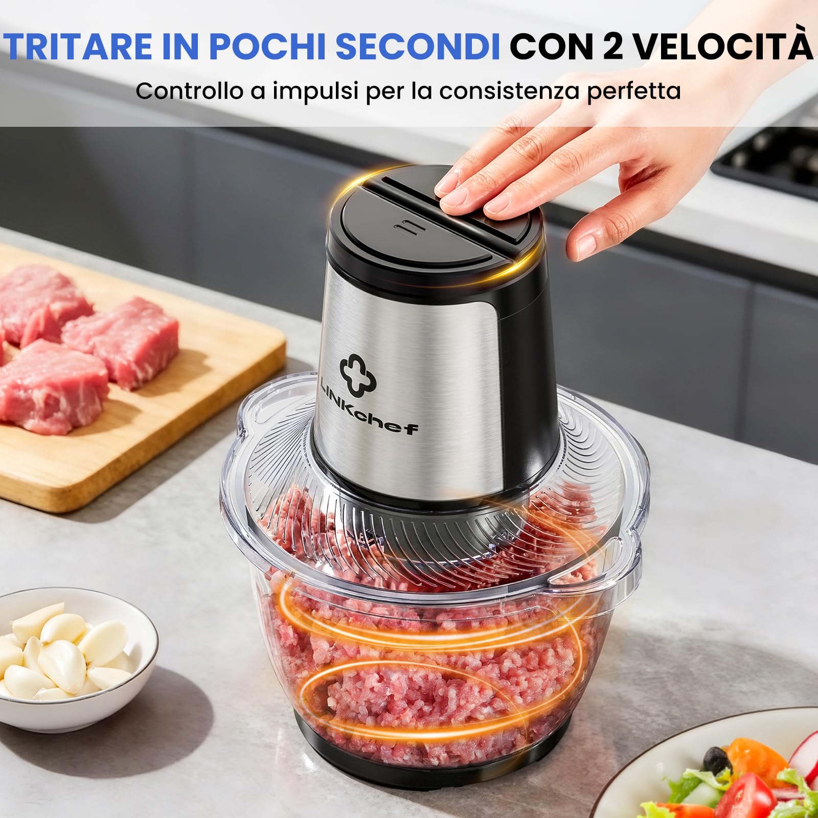 LINKChef Tritatutto Elettrico 1,5L Vetro, 2 Velocità, Lame in Acciaio Inox a 3 Livelli – Mini Robot da Cucina per Carne, Verdure, Frutta, Noci e Alimenti per Bambini