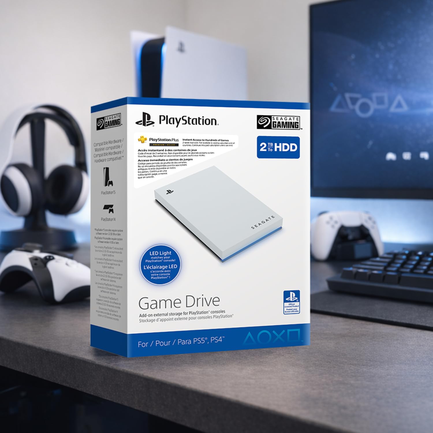 Seagate Game Drive 2TB Extern HDD PS4 PS5 USB 3.0 Blå LED Officiellt Licensierad
