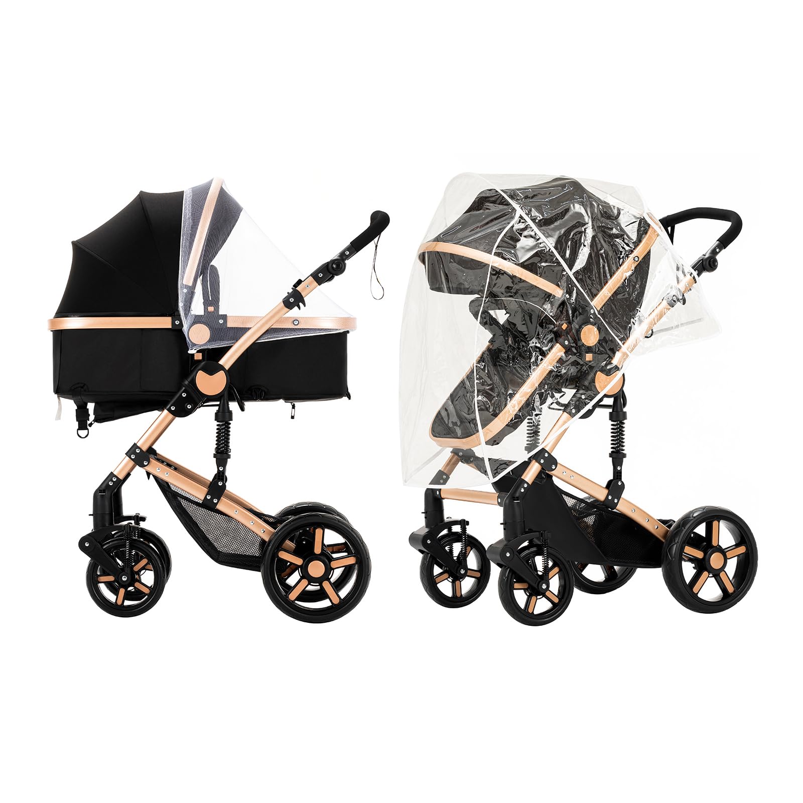Magic ZC Passeggino Trio 3 in 1 per Neonati con Design Portatile Pieghevole Un Clic, Spinta Reversibile a Due Vie, Black Gold