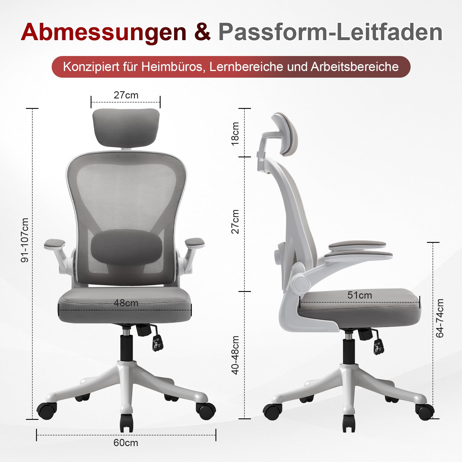 Ergonomischer Bürostuhl für Homeoffice, Schreibtischstuhl mit Verstellbarer Lendenstütze & Kopfstütze, Netzstuhl mit klappbaren Armlehnen, Computerstuhl für Büro, Lernen und Gaming, Grau