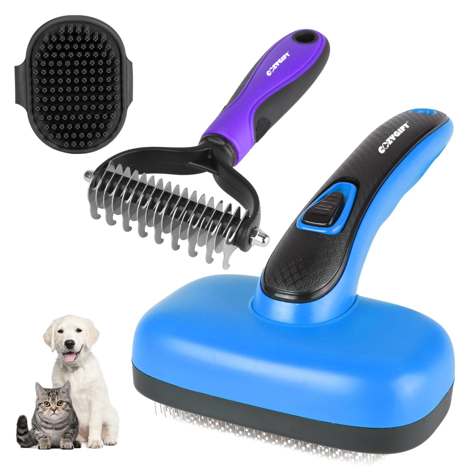 COZYGIFT Dog Brush Kit – 3 PCS Grooming Set with Self-Cleaning Brush, Undercoat Rake & Pet Bath Brush. Great for Shedding, Tangles & Dirt Removal –