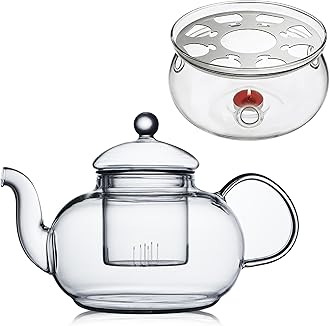 CnGlass 33.8oz Glass Teapot with Removable Infuser,Stovetop Safe Tea Kettle with Glass Tea Warmer 5.3 in/13.5cm Diameter