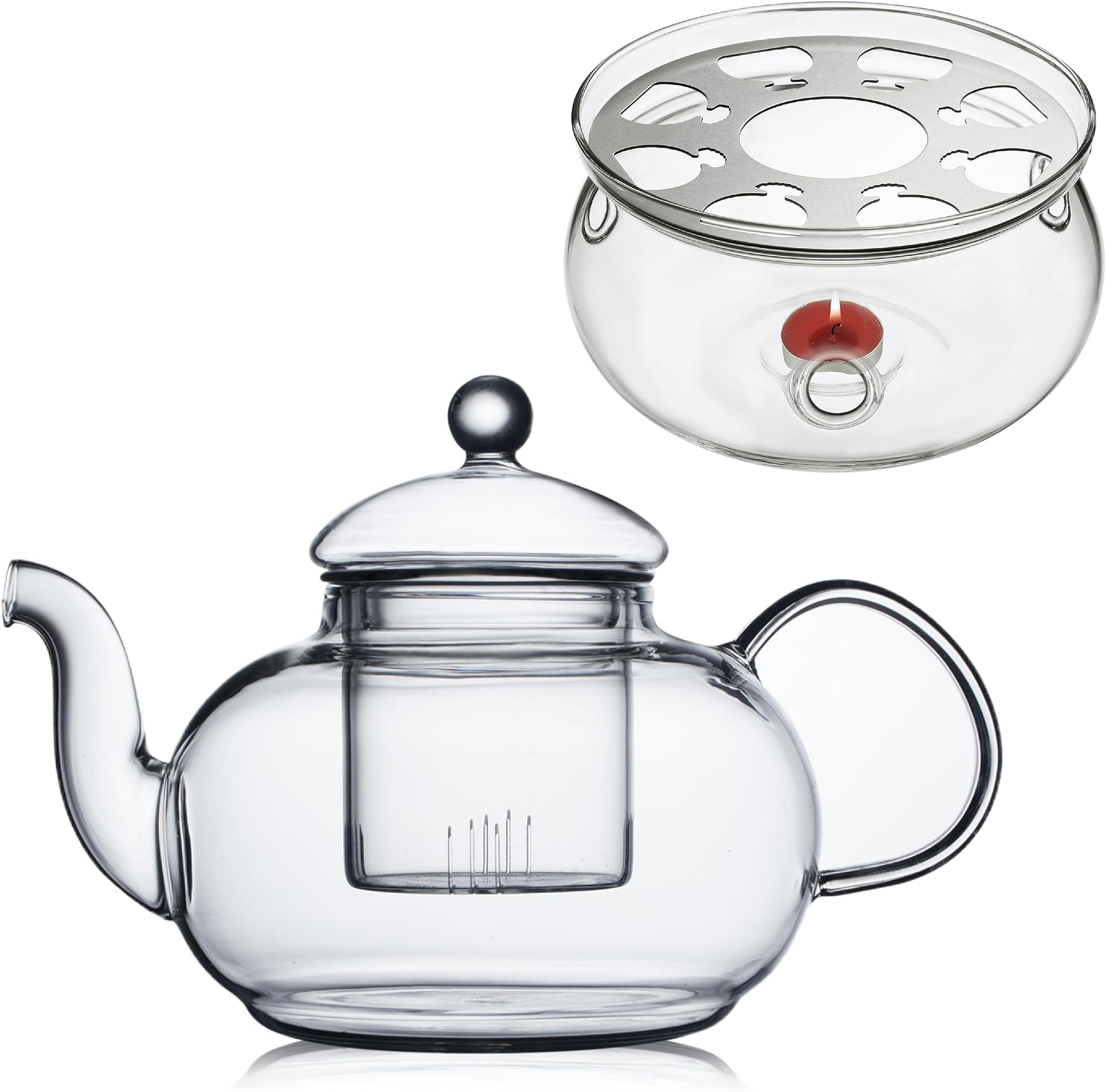 CnGlass 33.8oz Glass Teapot with Removable Infuser,Stovetop Safe Tea Kettle with Glass Tea Warmer 5.3 in/13.5cm Diameter