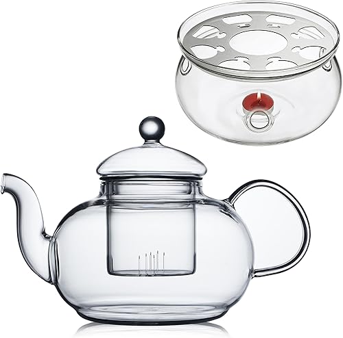 CnGlass Tetera de vidrio de 33.8 onzas con infusor extraíble, hervidor de té seguro para estufa con calentador de té de vidrio de 5.3