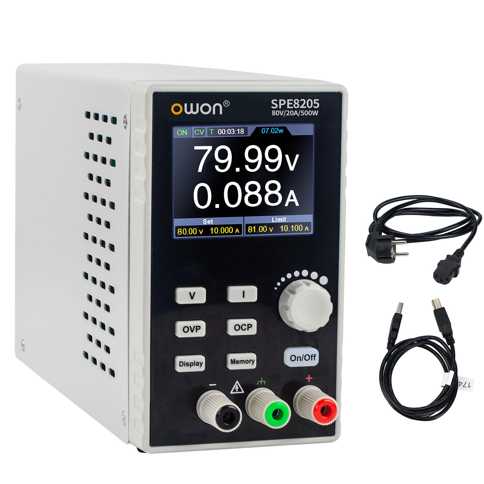 OWON SPE8205 500W Fuente de alimentación DC programable con USB SCPI, 80V/20A, Alta precisión y bajo Ruido, con edición de Formas de Onda para Uso Industrial y de Laboratorio