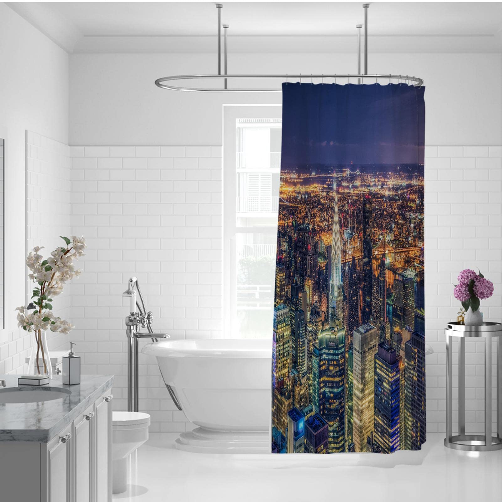 Die geschäftige Stadt Nachtszene Duschvorhänge Stoff Polyester Badezimmer Duschvorhang Wasserdicht Maschinenwaschbar Eigentumswohnung Badewanne Vorhänge B180xL180cm