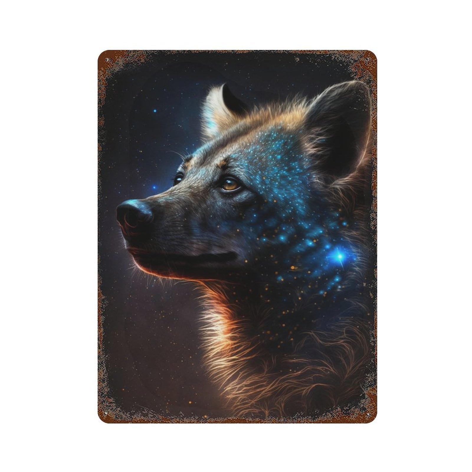 Galactic Wolf Portrait -27 15.7"x11.8" Distressed Metal Wall Sign, Industrial Home Decor for Patio, Garden Room And Bar Decor