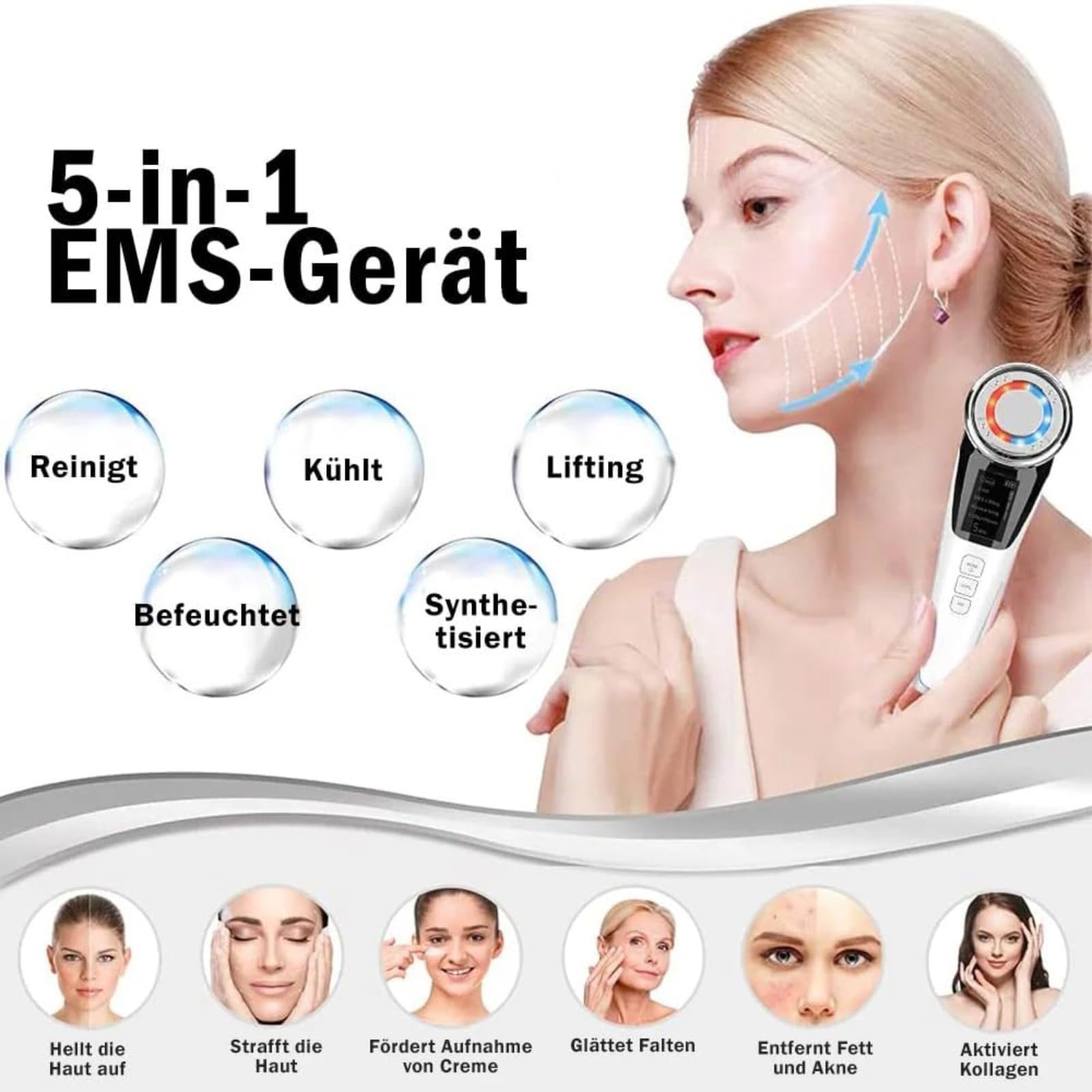 EMS Gesichtsmassagegerät GlowLift, Straffend Glättend Mikrostrom Anti-Aging tägliche Gesichtspflege (Weiß)