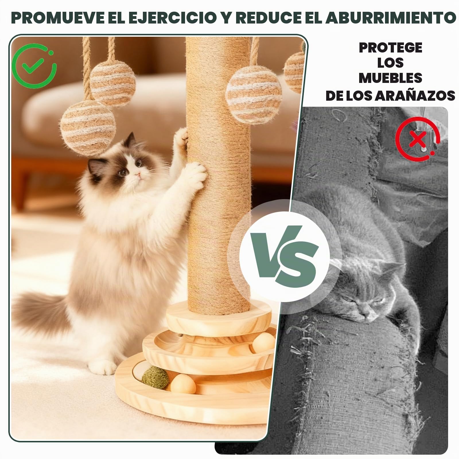 Juguete 6-en-1 para gatos de autoentrenamiento de madera, rascador para gatos, juguete con hierba gatera, muebles para gatos con pista de bolas giratoria, plumas, bolas, cuerdas de yute y cuerda de