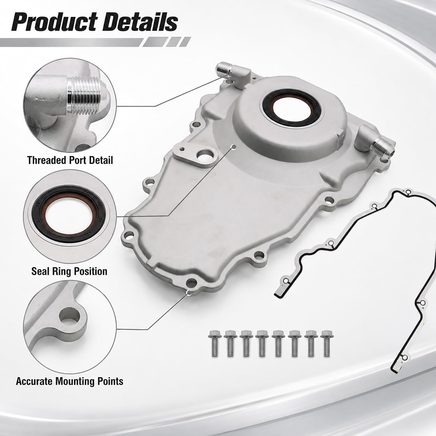 Front Timing Cover with w/Crank Gasket and Bolts Set Fit for LS Gen 4, Replace 551595 Front Engine Timing Chain Cover w/10AN Twin Turbo Oil Drain Fitting