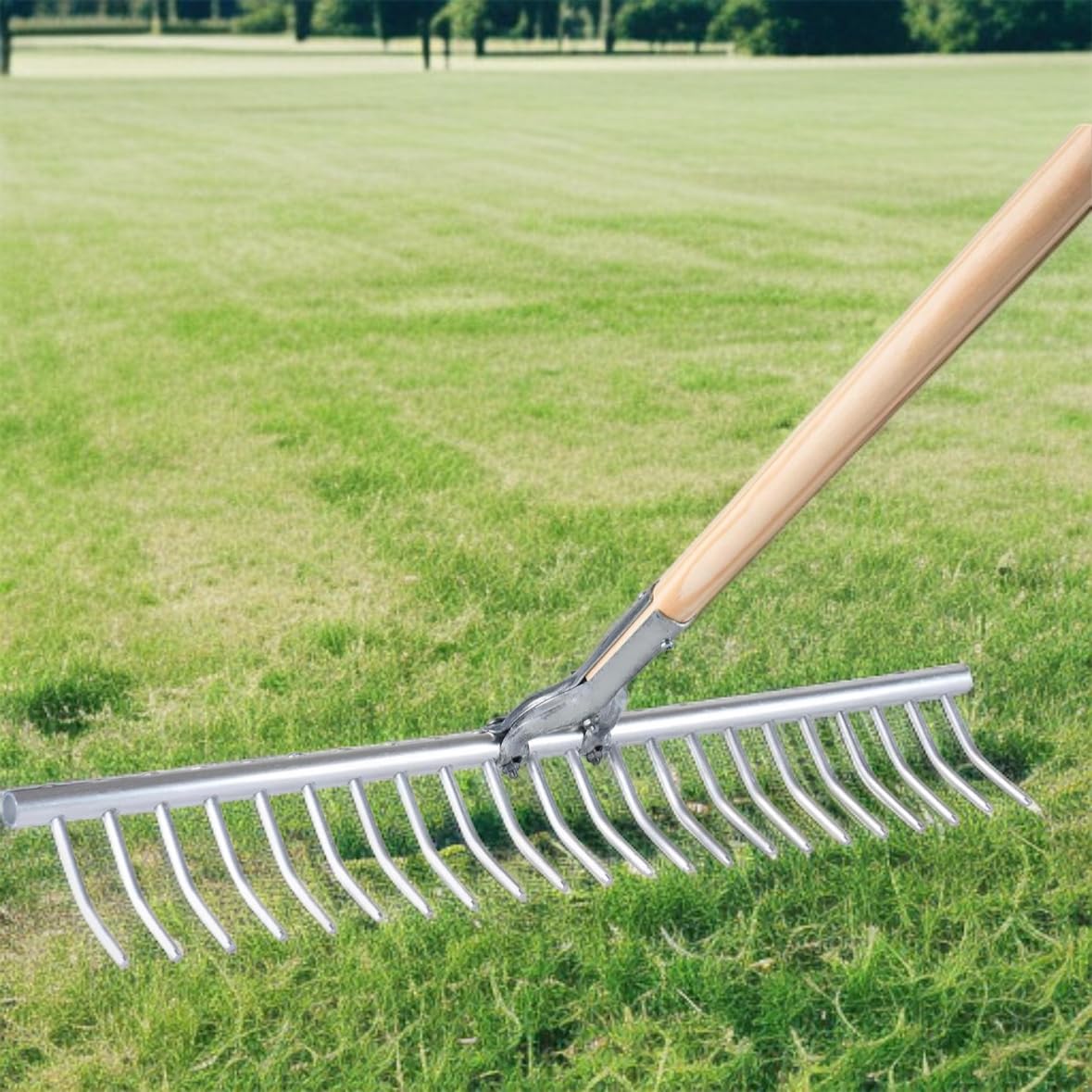Rastrello da Giardino in Alluminio, Denti Curvi, Manico Lungo in Legno, per Pulizia Prato e Raccolta Foglie