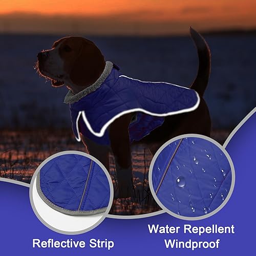 Vista 19 de Fragralley Abrigo de invierno para perro, chaqueta de forro polar reflectante impermeable y resistente al viento con agujero para arnés, chaleco