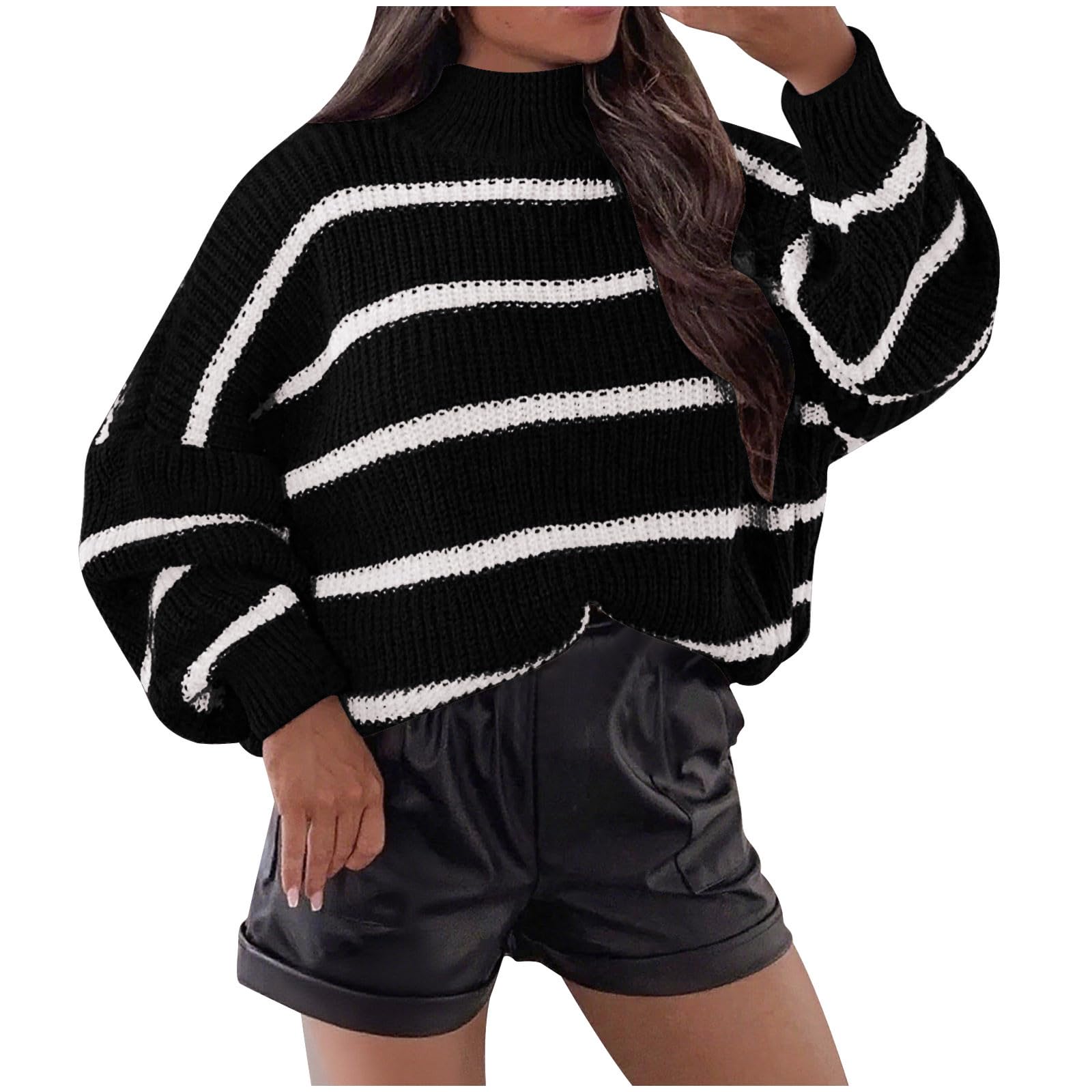 Cable Knit Sweater for Women Oversized Striped Crewneck Long Sleeve Sweaters Fall Chunky Vintage Pullover Tops