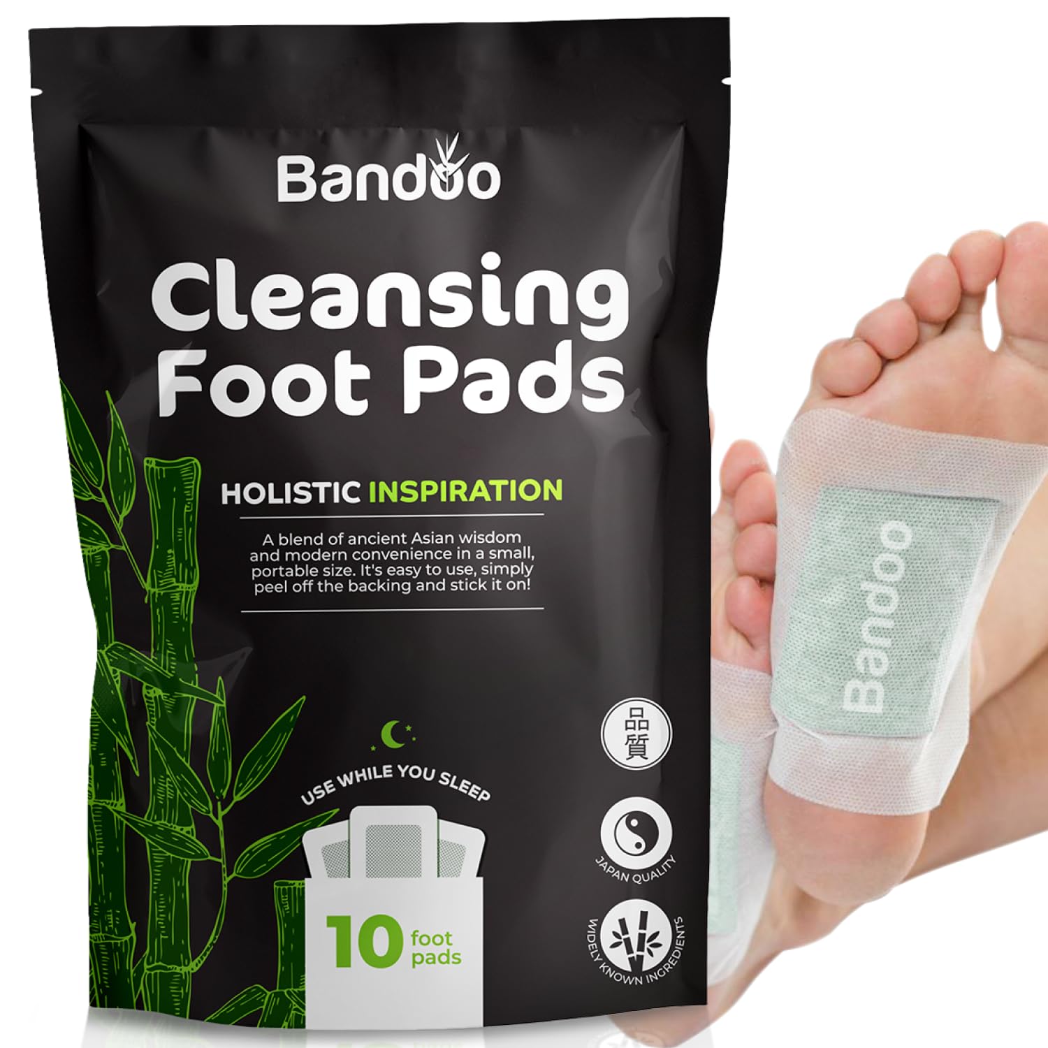 Bandoo Original Deep Cleansing Foot Pads, Premium Natural Bamboo Foot Rana Japanese Pads, Cleanse, Moisturize & Energize for Men & Women, 10