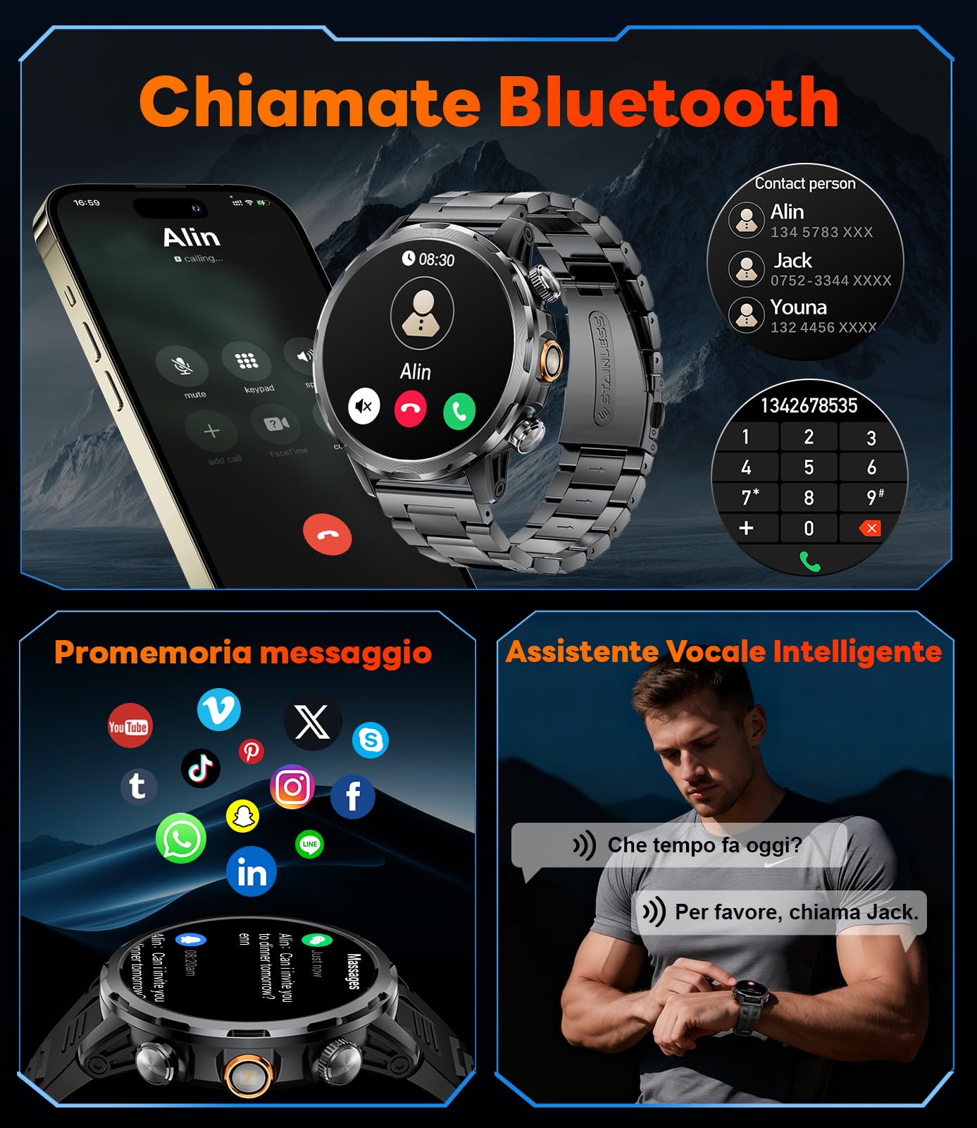 LIGE 1000mAh Smartwatch Uomo Militare, 1.85'' Orologio Smart Watch con Chiamata Bluetooth,100+ Modalità Sportive,Torcia LED Orologio Fitness,Sonno/Cardiofrequenzimetro,IP68 Orologio,Android iOS,Nero