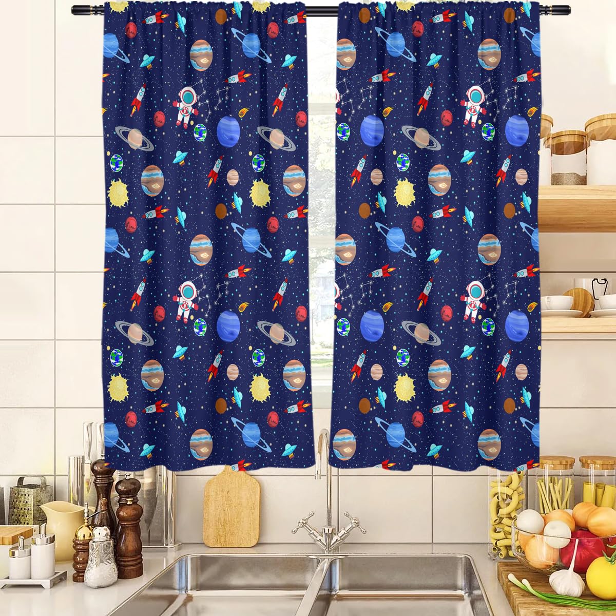 zokyer Space Kitchen Curtains Outer Kid Boys Astronaut Galaxy Universe Gamer Blue Small Short 27.5" W x 45" L Window Treatment Tiers for Bedroom
