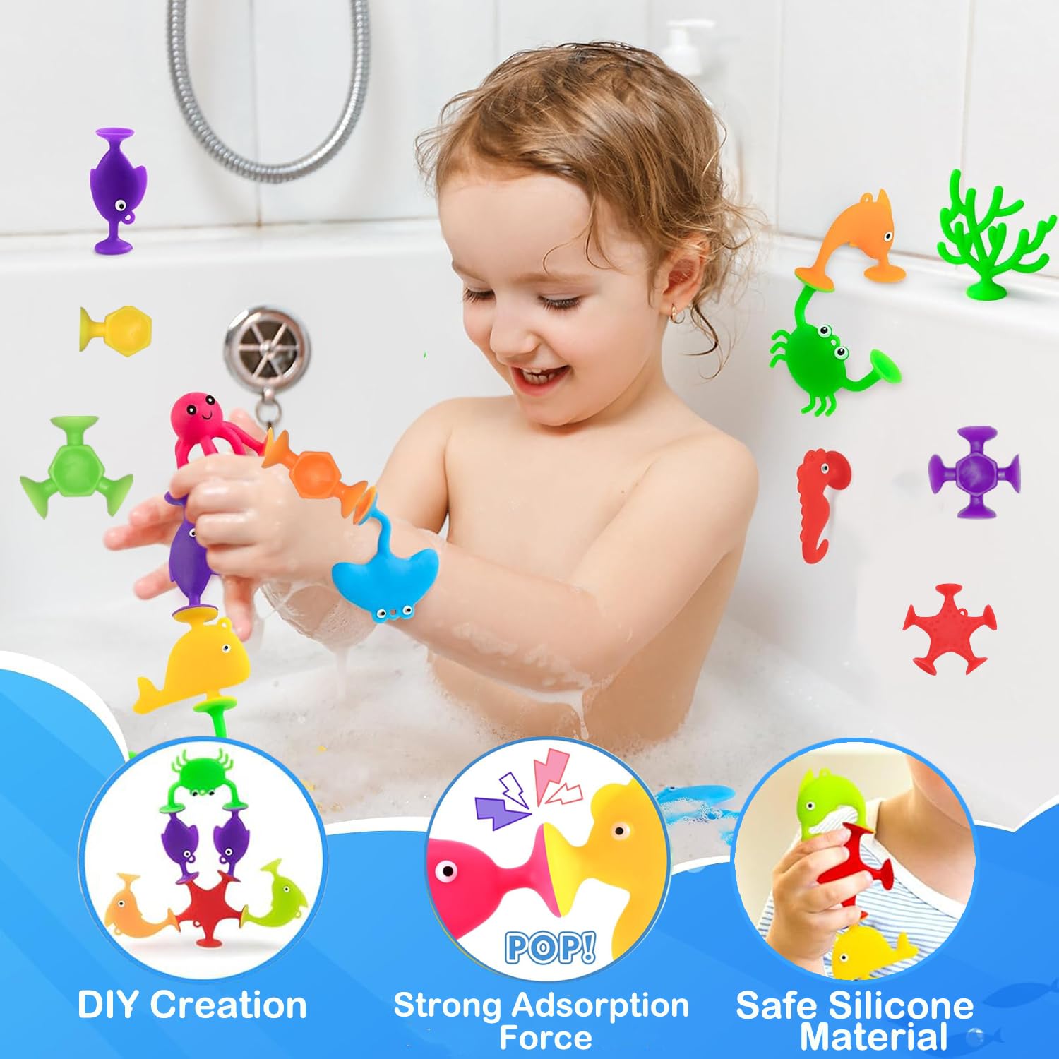 Bath Toys for Kids, 32 PCS Suction Cup Bath Toys Silicone Ocean Animal Bath Tub Toys for Kids Ages 4-8 Window Building Bath Suction Toys Toddlers Age 3-5 Bath Time Gifts for 3 4 5 6 Year Old Boys Girl