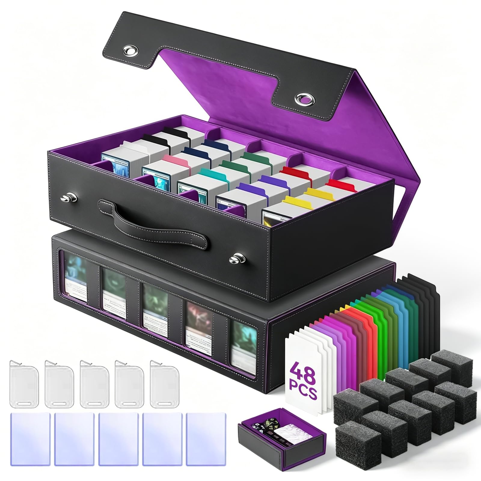 5-Row Trading Card Storage Box with Handle, PU Leather | Holds 3900+ Cards, Magnetic Deck Case