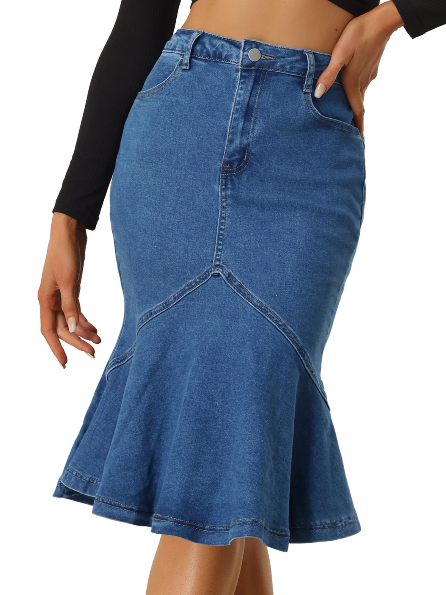 Allegra K Denim Jean Skirt for Women's High Waist Bodycon Ruffles Fishtail Skirts
