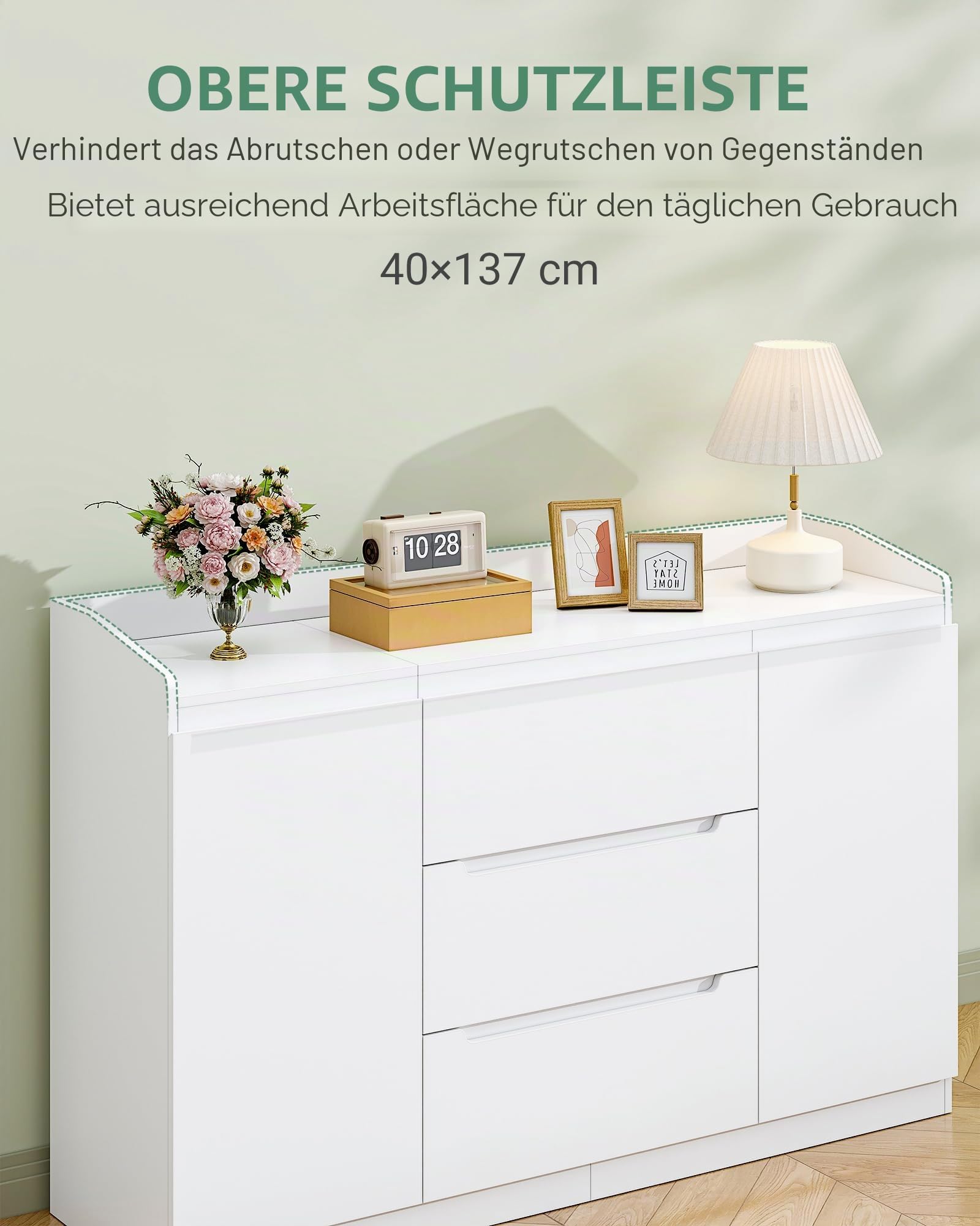 Hzuaneri Kommode, 3 Schubladen, 2 Türen, 40 x 140 x 87 cm, Weiß | Holz-Kommode, moderner Aufbewahrungsschrank für Schlafzimmer, Wohnzimmer, Büro, Eingangsbereich, DC12503X