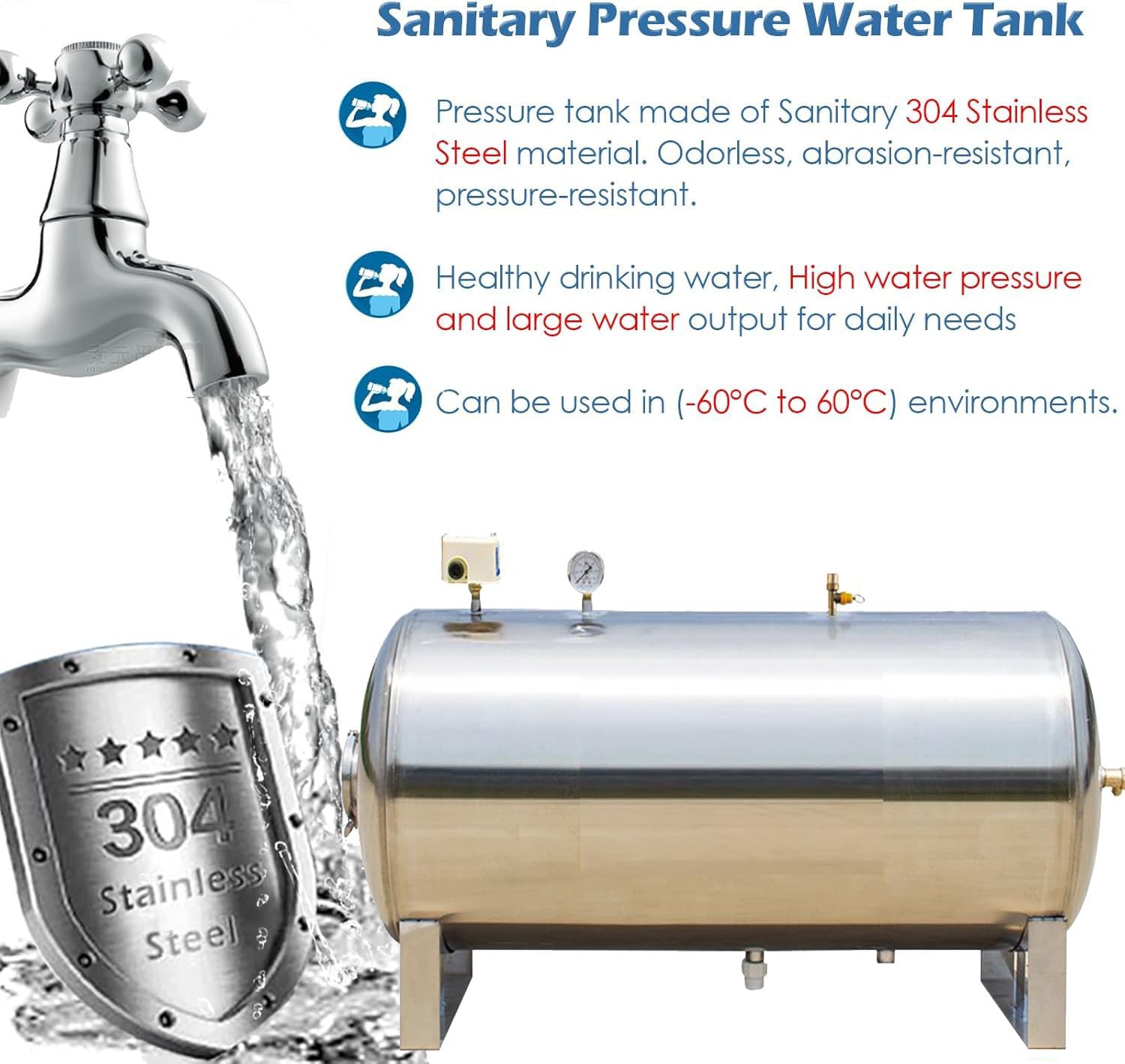 Serbatoio dell'acqua pressurizzato, serbatoio a pressione in acciaio inossidabile per l'approvvigionamento idrico automatico, ideale per case, parchi e agricoltura, capacità 160 litri