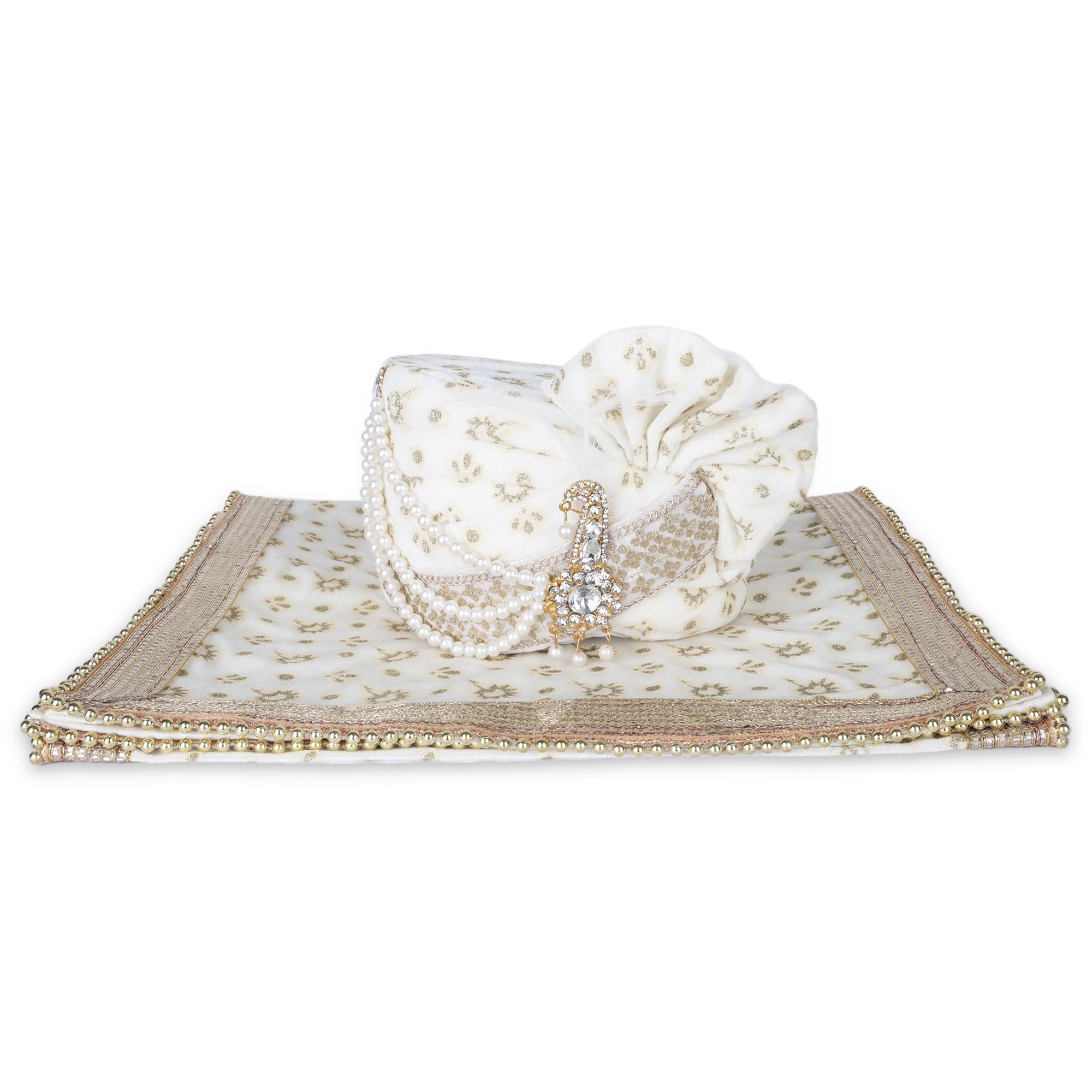 fashion weds Men Cotton Blend Printed Groom's Safa Shawl Stole Set, Wedding Safa/Turban with Stole (Off-White)-picture-17