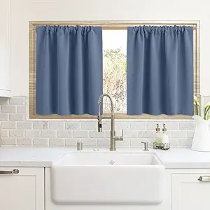 RYB HOME Blackout Curtains for Kitchen, Over Sink Privacy Curtains Window Decor, Thermal Insulating Drapes for Bathroom Cafe Bedroom Small Window, W 42 x L 24 inch, Stone Blue, 2 Panels