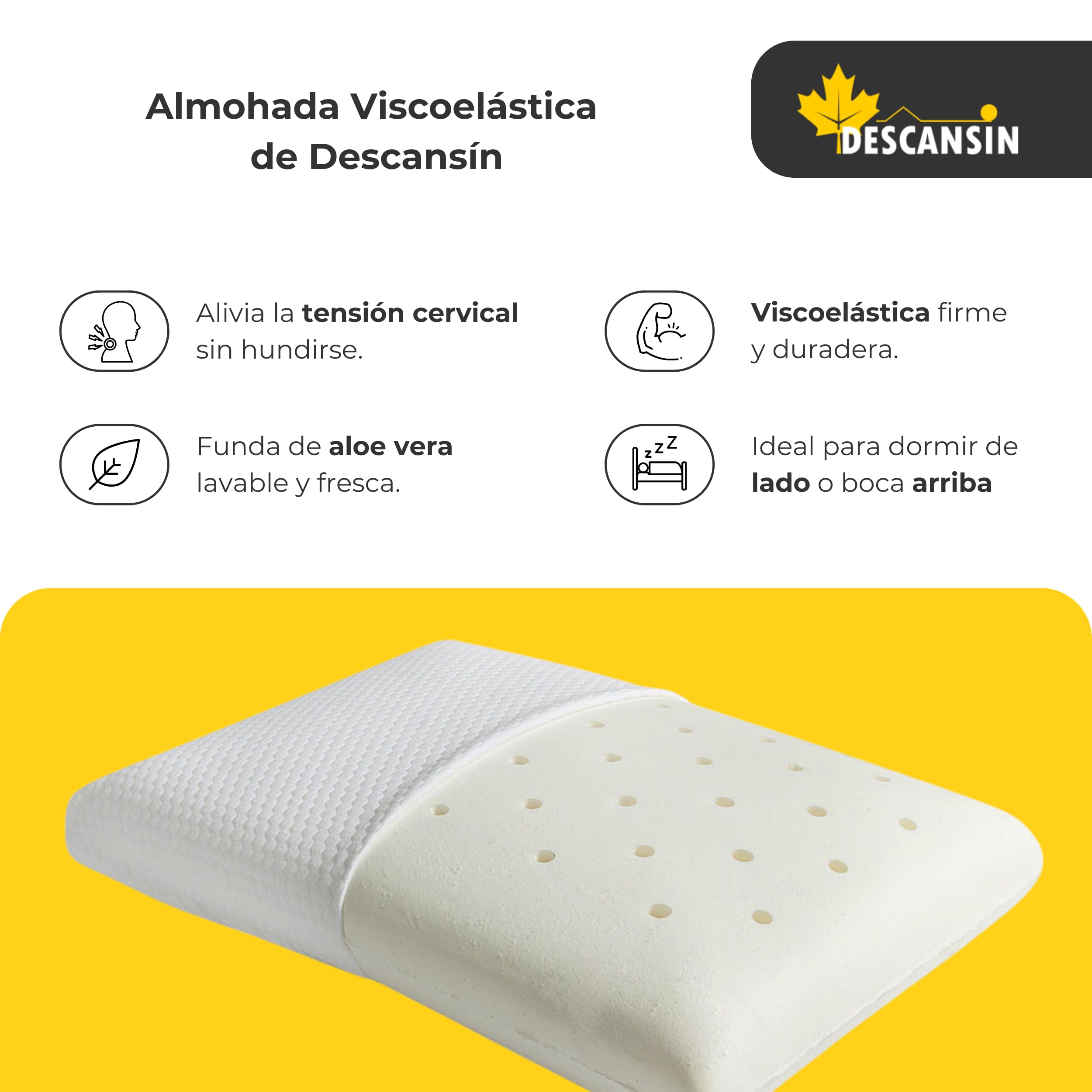 DESCANSIN - Almohada Viscoelastica Aloe Vera | Calidad y Firmeza para Problemas Cervicales | Almohada Viscoelastica Buena y Duradera | Doble Funda De Aloe Vera Fácilmente Extraíble y Lavable (120cm)