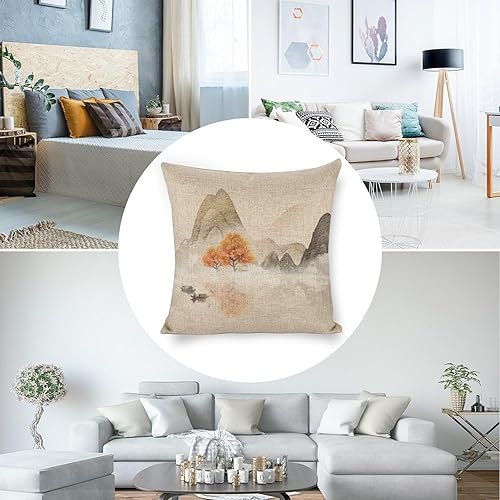 Miniatura 3 de Chinoiserie - Fundas de almohada de pintura de paisaje de tinta de concepción artística de 18 x 18 pulgadas, fundas de almohada vintage con flores,