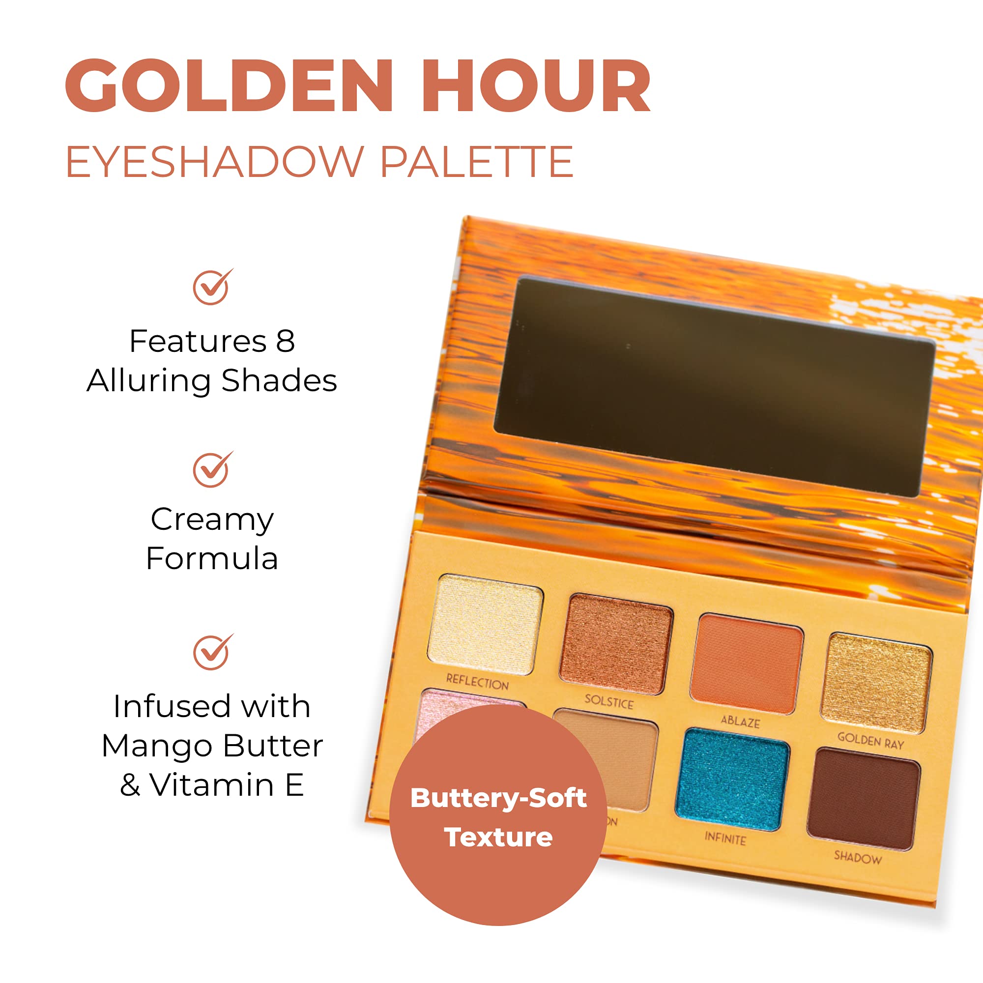 Golden Hour Paleta de sombras de ojos, ocho tonos con acabados mate y brillantes, infundida con mantequilla de mango y vitamina E, libre de crueldad, vegano 2