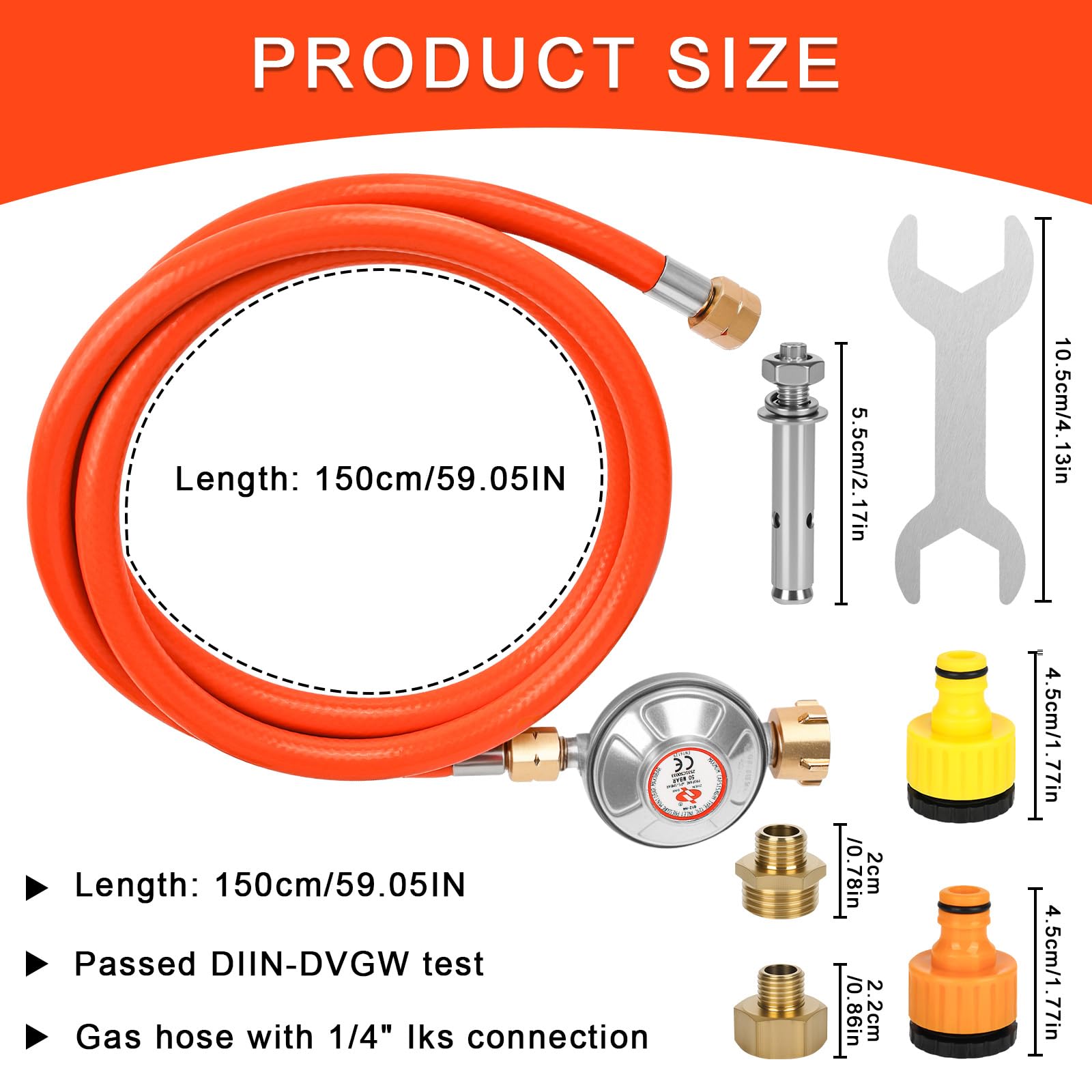Regulador de Presión de Gas Rzspher 50 mbar, Manguera de Gas de 150 cm, Rosca Macho LH -19 de 1/4 Pulgada, Regulador de Presión de Gas de Baja Presión para Barbacoas a Gas para Camping, Picnics