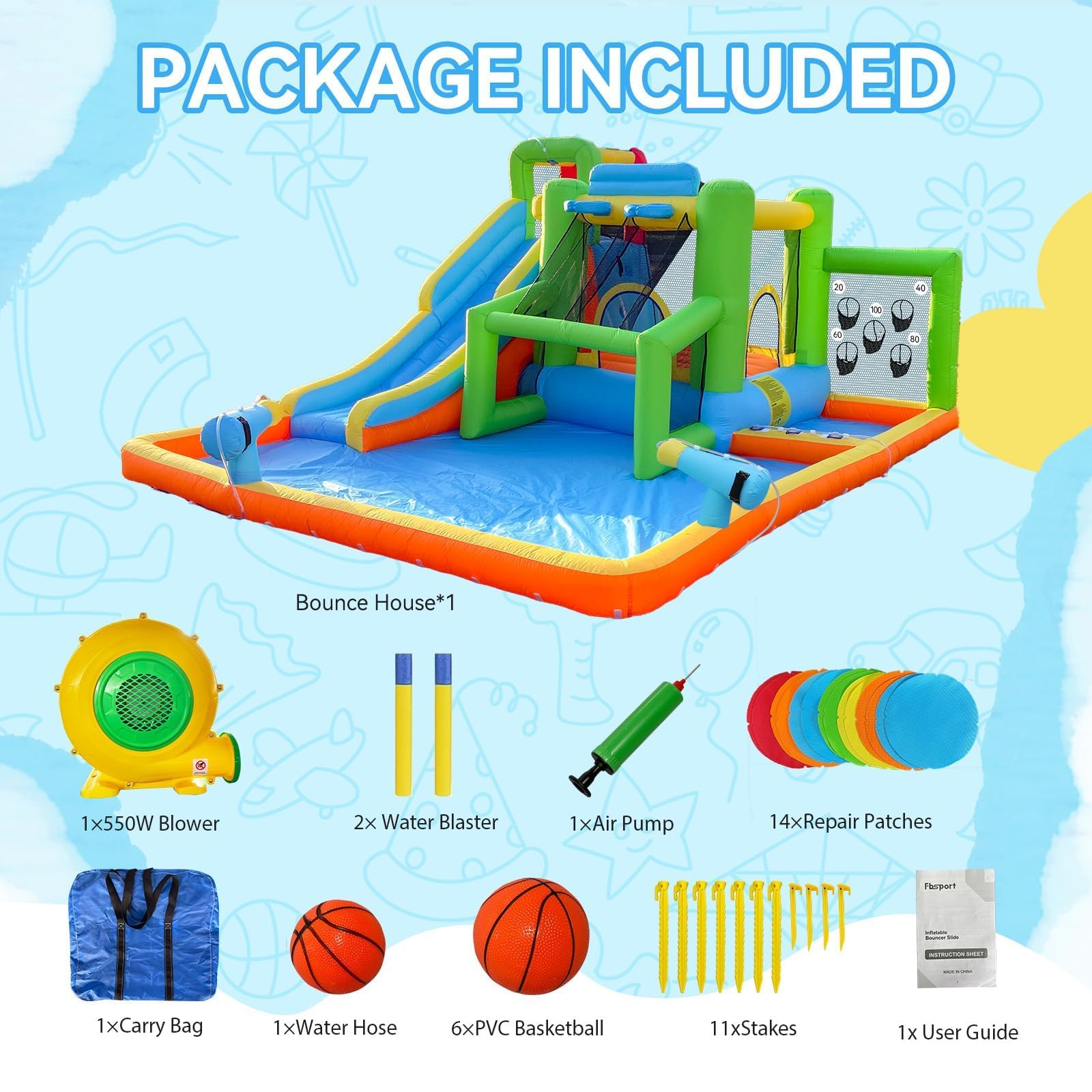 Castillo Hinchable con Soplador, para 4 Niños/140KG, 425 x 355 x 215 cm
