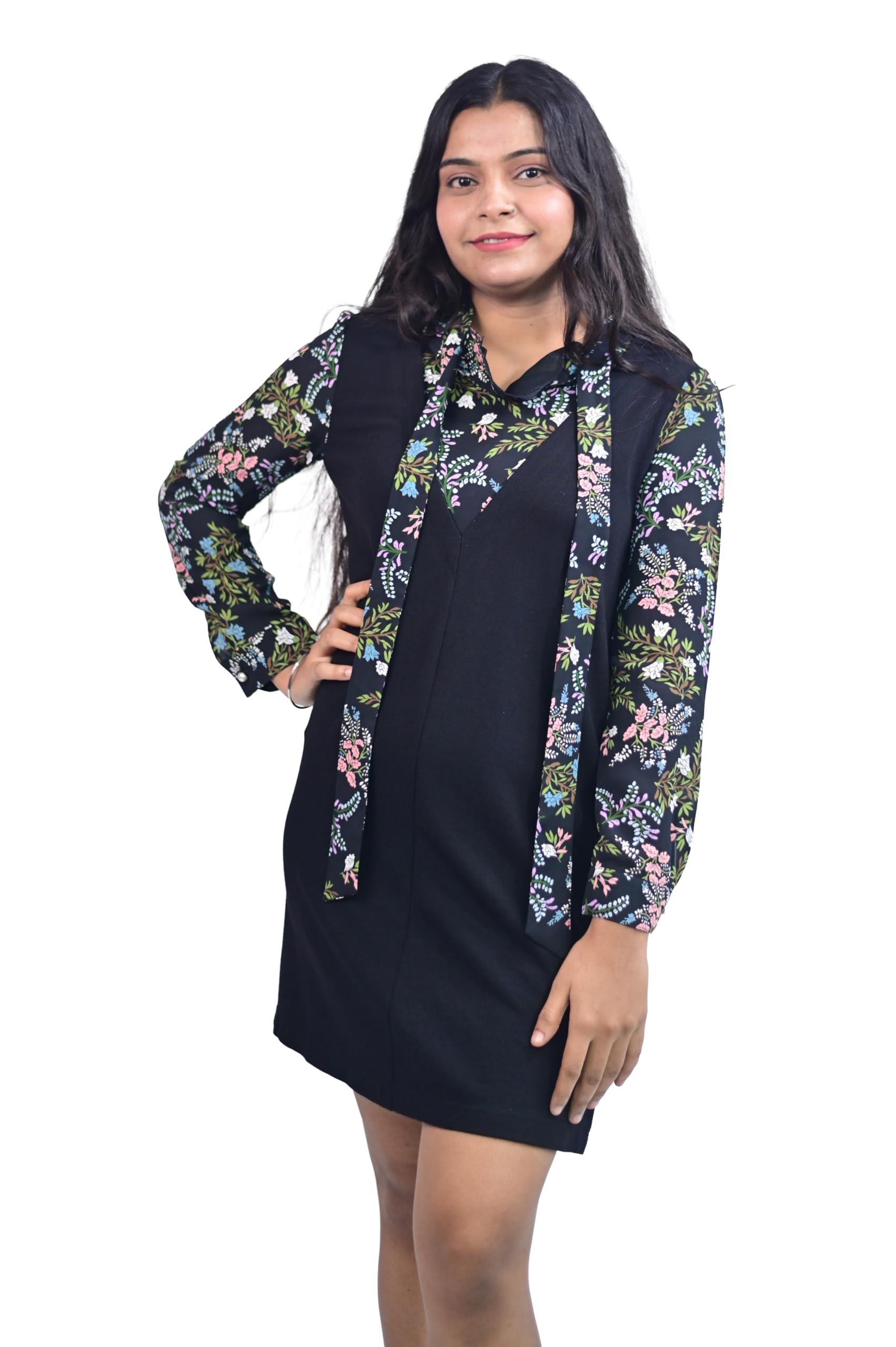 Women's Black Floral Print Mini Dress with Bow Tie Neck-picture-28