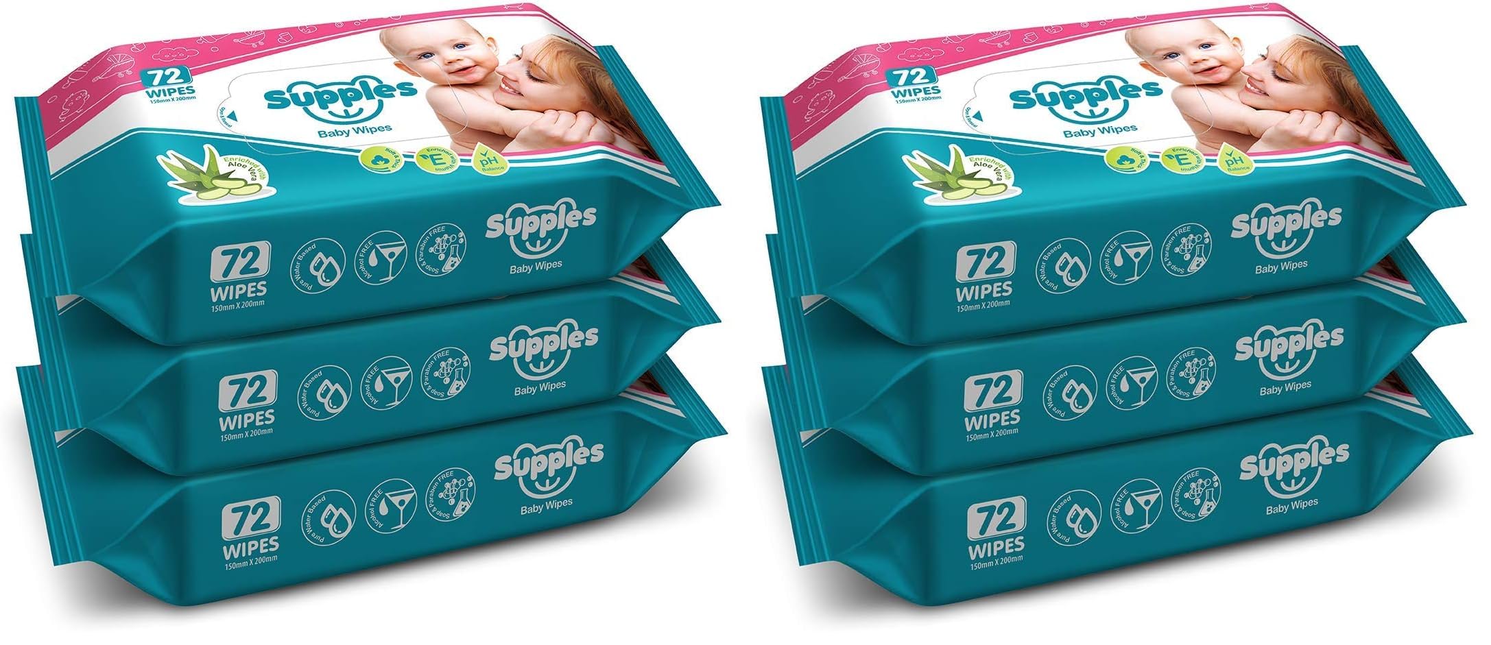 Amazon Brand - Supples Baby Wet Wipes | 216 Wipes | 72 Wipes x 6 Packs | Enriched With Aloe Vera and Vitamin E | Alcohol-free and Paraben-free | Pure Water-Based Formulation-image-47