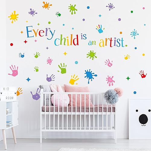 Miniatura 4 de Outus 3 hojas de calcomanías de pared con texto en inglés «Every Child is an Artist», calcomanías de pintura multicolor, salpicaduras, puntos y