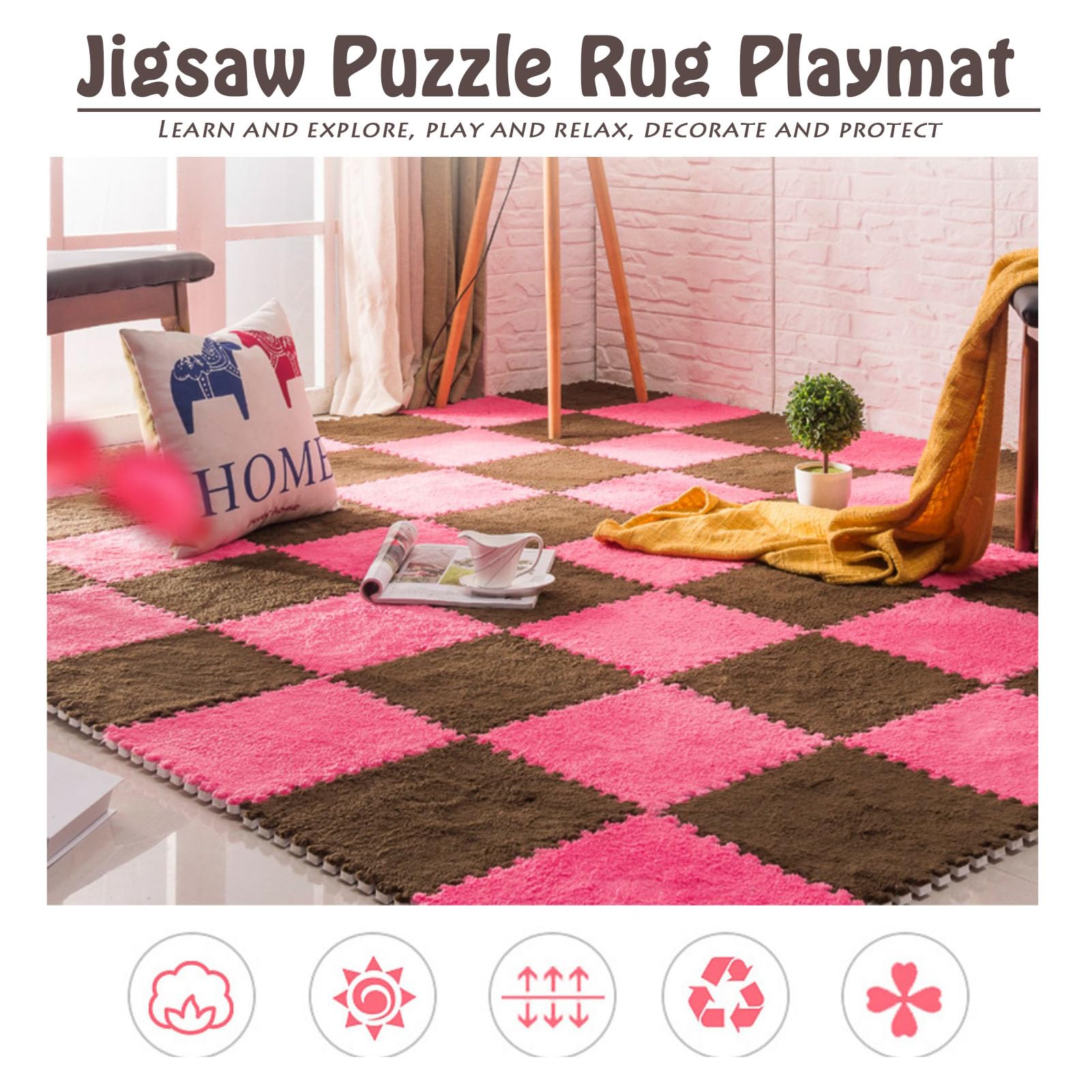20 Stück Flauschige Plüschschaum-Puzzle-Bodenmatten, 30 x 30 cm, Ineinander Greifende Teppichfliesen, Innendekoration, Weiche Spielmatte