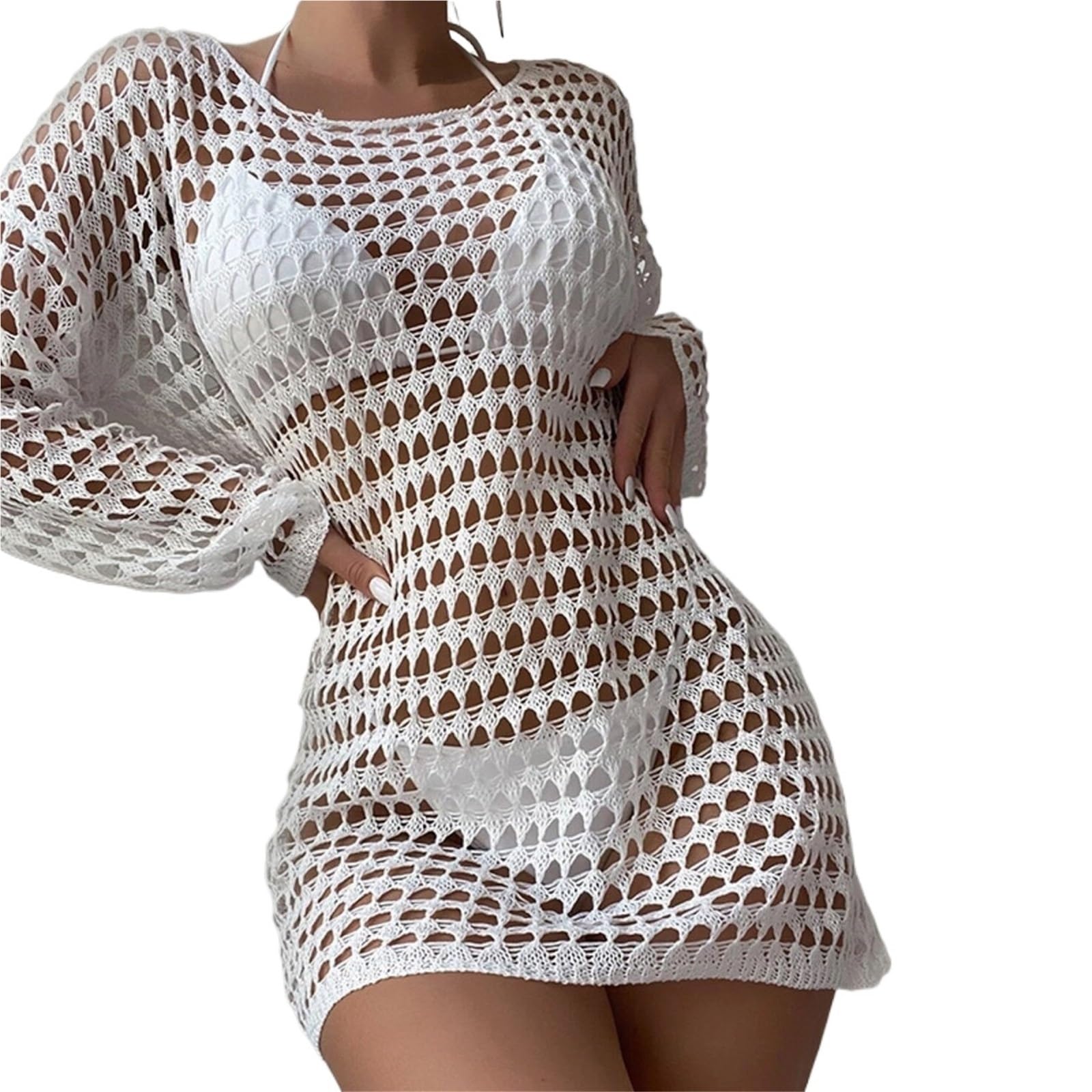 Vestido Playa Mujer Vestido playero largo de manga larga con cuello redondo y aberturas for mujer