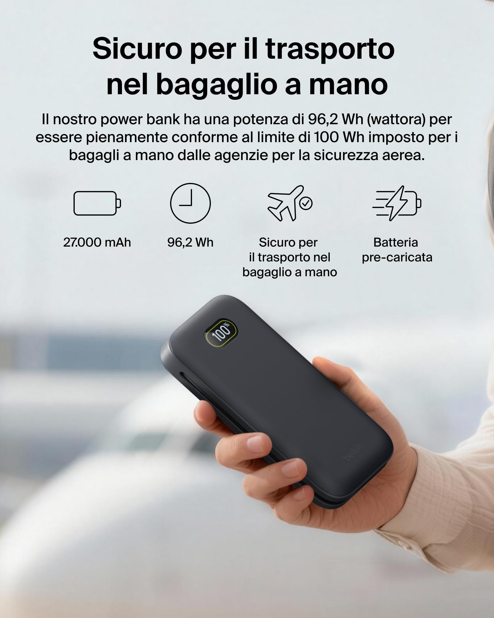 Belkin UltraCharge Pro Power Bank 27000mAh, Caricatore Portatile con Cavo USB C Integrato, USB PD 240W, Power Bank Portatile con Carica Rapida per MacBook Pro, iPhone, iPad Pro, Galaxy, Pixel, Carbone
