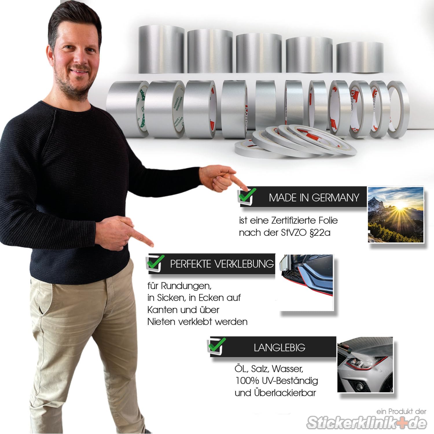 Seitenstreifenaufkleber Silber Metallic Glanz Auto Styling Zierstreifen Cartattoo Einzelstück Matrix Optic Performance Pinstripes Silver Line Vinyl Decal Stripes (50 mm)