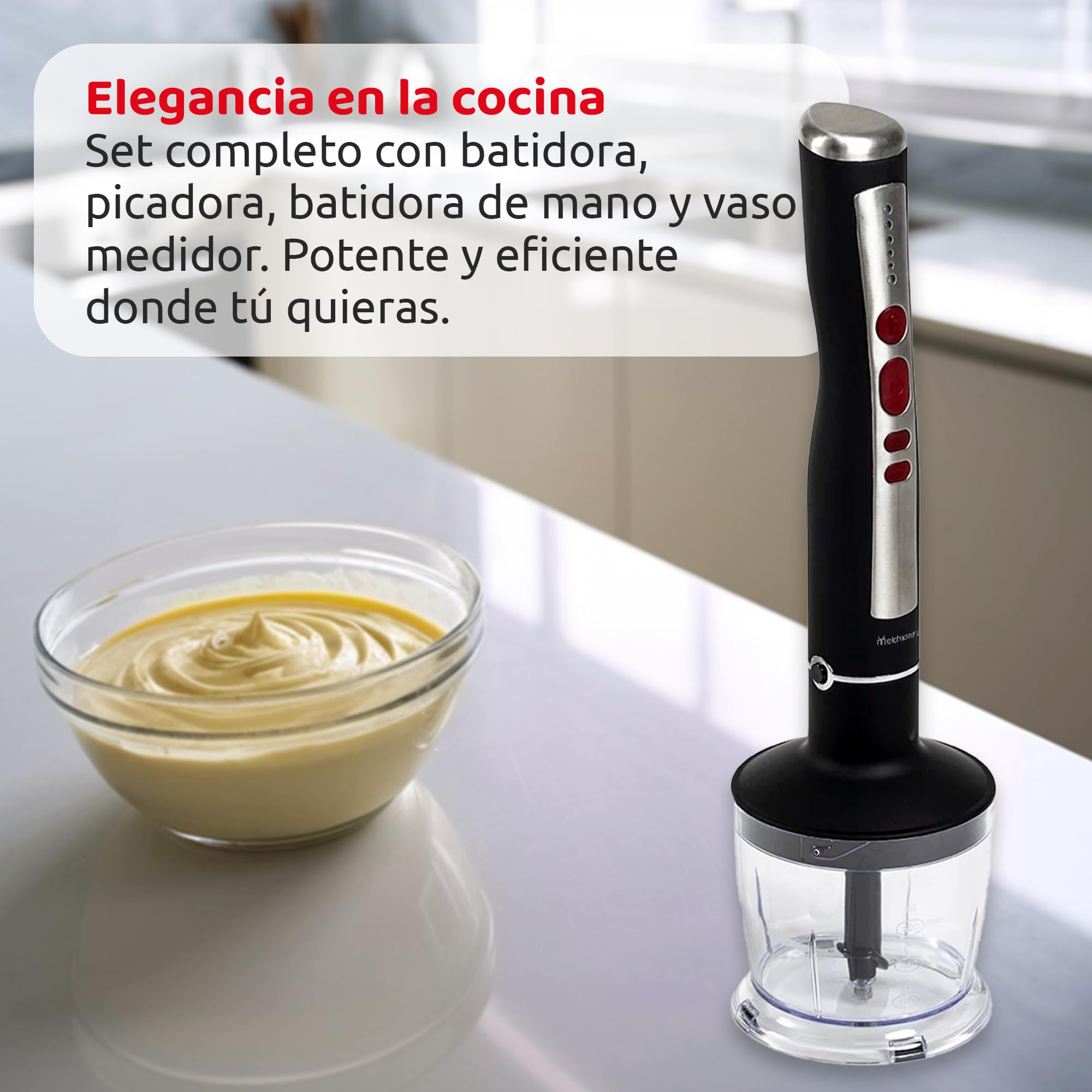 Melchioni Family | Batidora de Mano Inalámbrica Recargable ZOE, Set con Batidor, Minipimer, Licuadora y Vaso Graduado de 600 ml, Color Negro