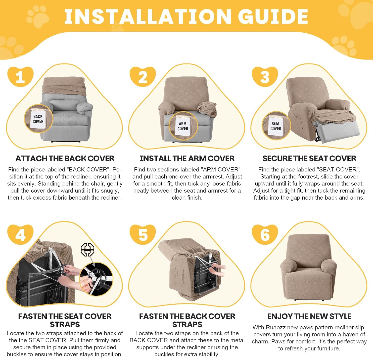 Ruaozz Recliner Chair Covers, 4-Pieces Recliner Covers Washable Stretch Reclining Chair Slipcovers with Elastic Bottom Non Slip Furniture Protector with Pockets for Dogs Pets (1 Seat, Taupe)